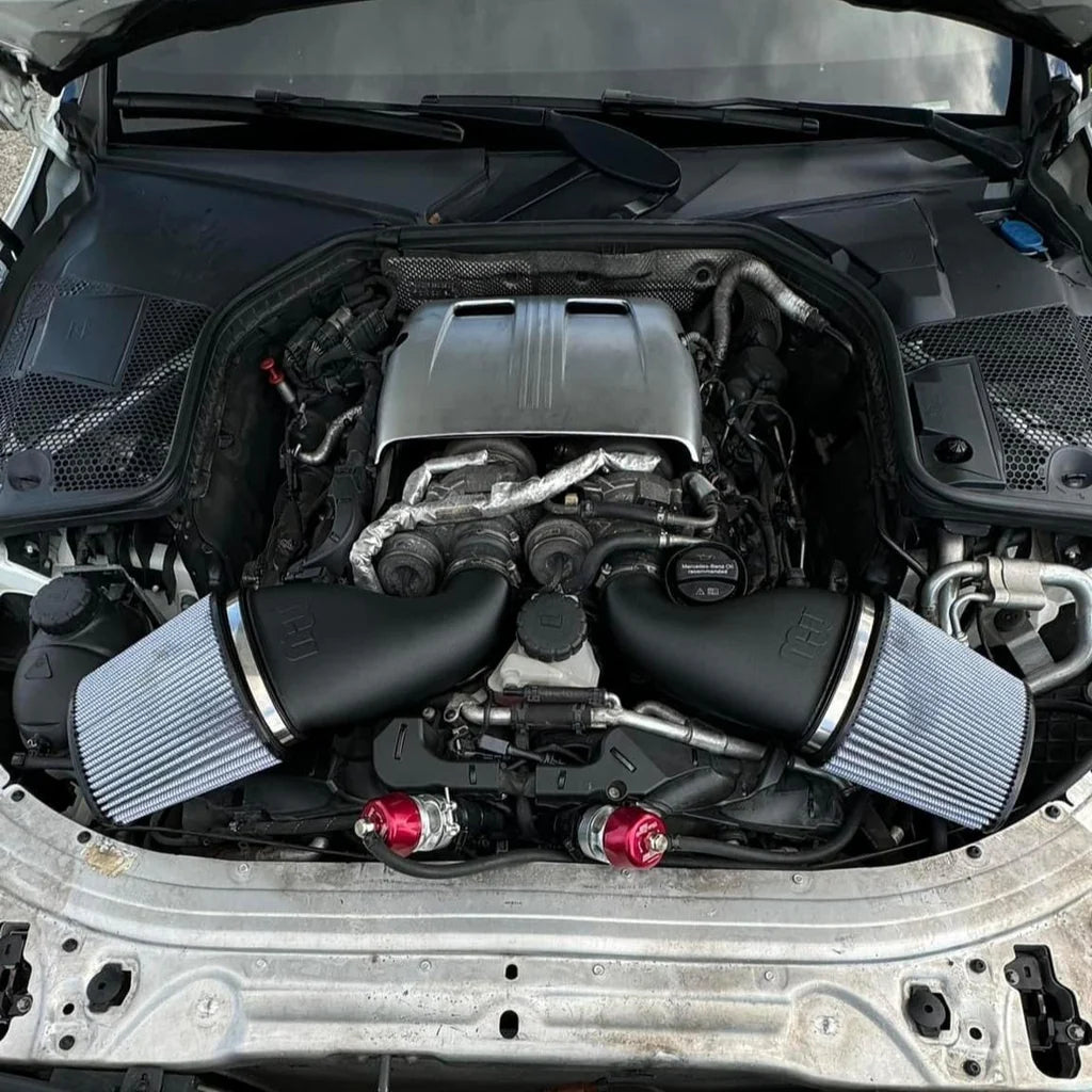 Performance blowoff valves installed on the AMG C63 M177 engine bay