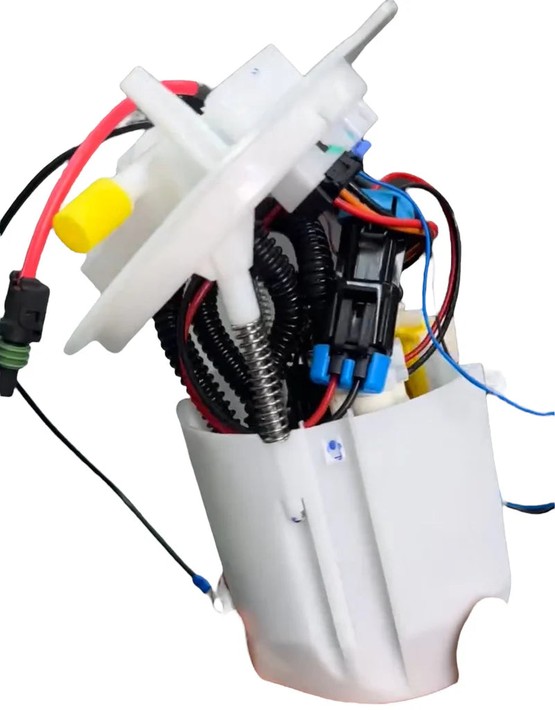 Close-up of an automotive fuel pump with wiring and components on a white background