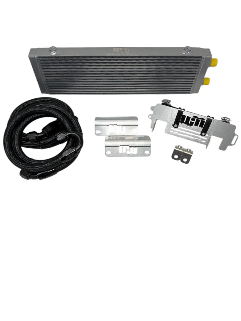 Close-up of E63 M177.2 transmission split cooling kit hardware and fittings