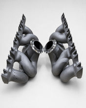 Load image into Gallery viewer, ModalWorks 3D-printed M177 equal-length exhaust manifolds standing upright, showing runner loops and CNC-machined V-band turbo flanges