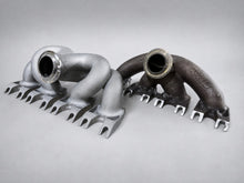 Load image into Gallery viewer, Side profile: ModalWorks 3D-printed M177 manifold vs stock cast manifold, showing larger 46 mm turbo entry